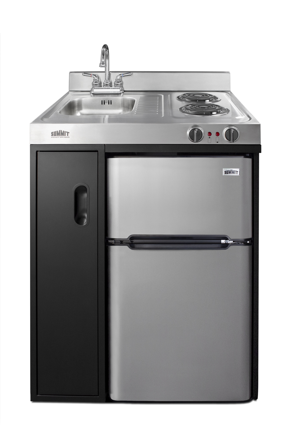 30 inch wide all-in-one kitchenette in black with a 2-burner 115V coil cooktop, 2-door refrigerator-freezer, sink, and storage cabinet